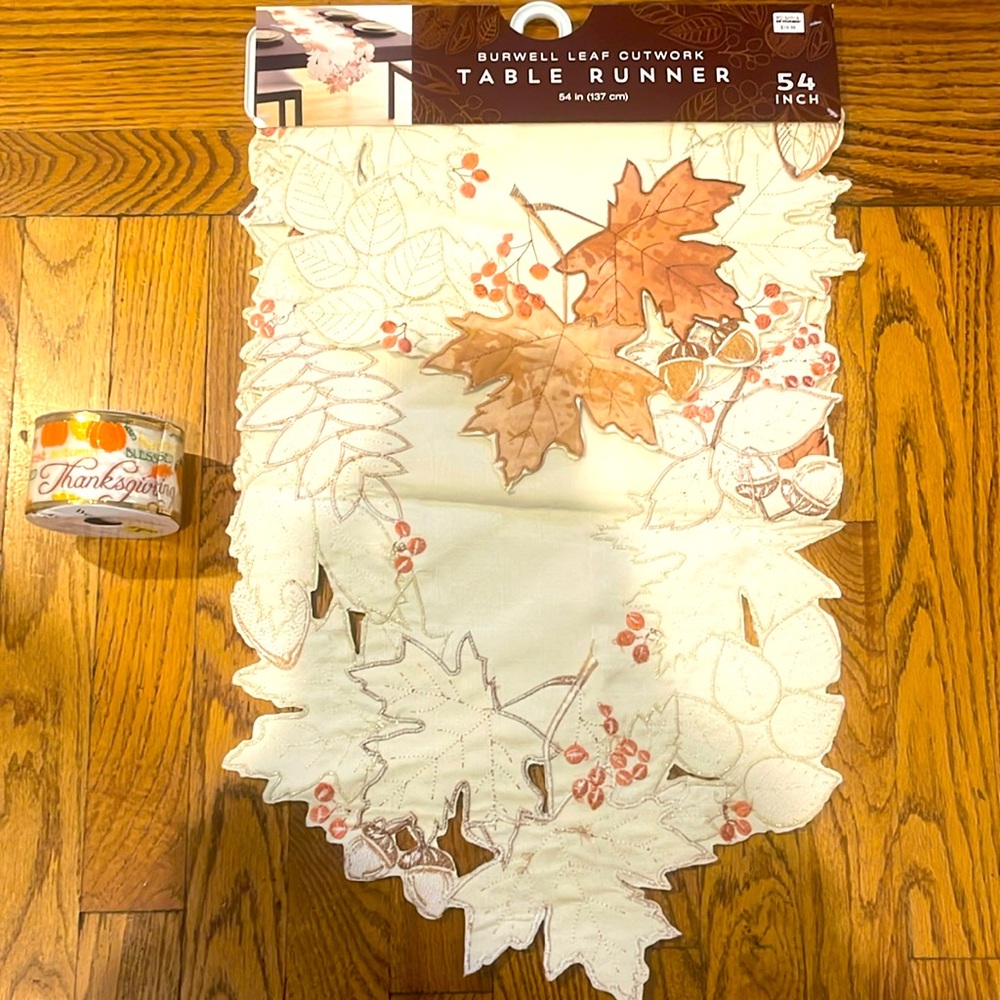 THANKSGIVING CUTWORK TABLE RUNNER 54”by BURNWELL NWT 12 FT THX RIBBON NEW.